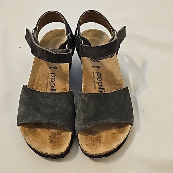 Birkenstock Papillio Eve Cork Wedge Heel Sandal Grey Suede Leather Sz 7 - Picture 1 of 8